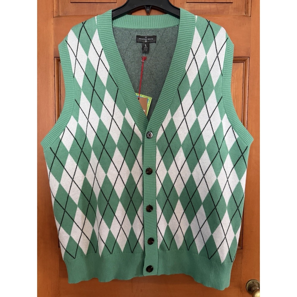 Men's Houston White Argyle Green Sweater Vest Size Large NWT 100% Cotton